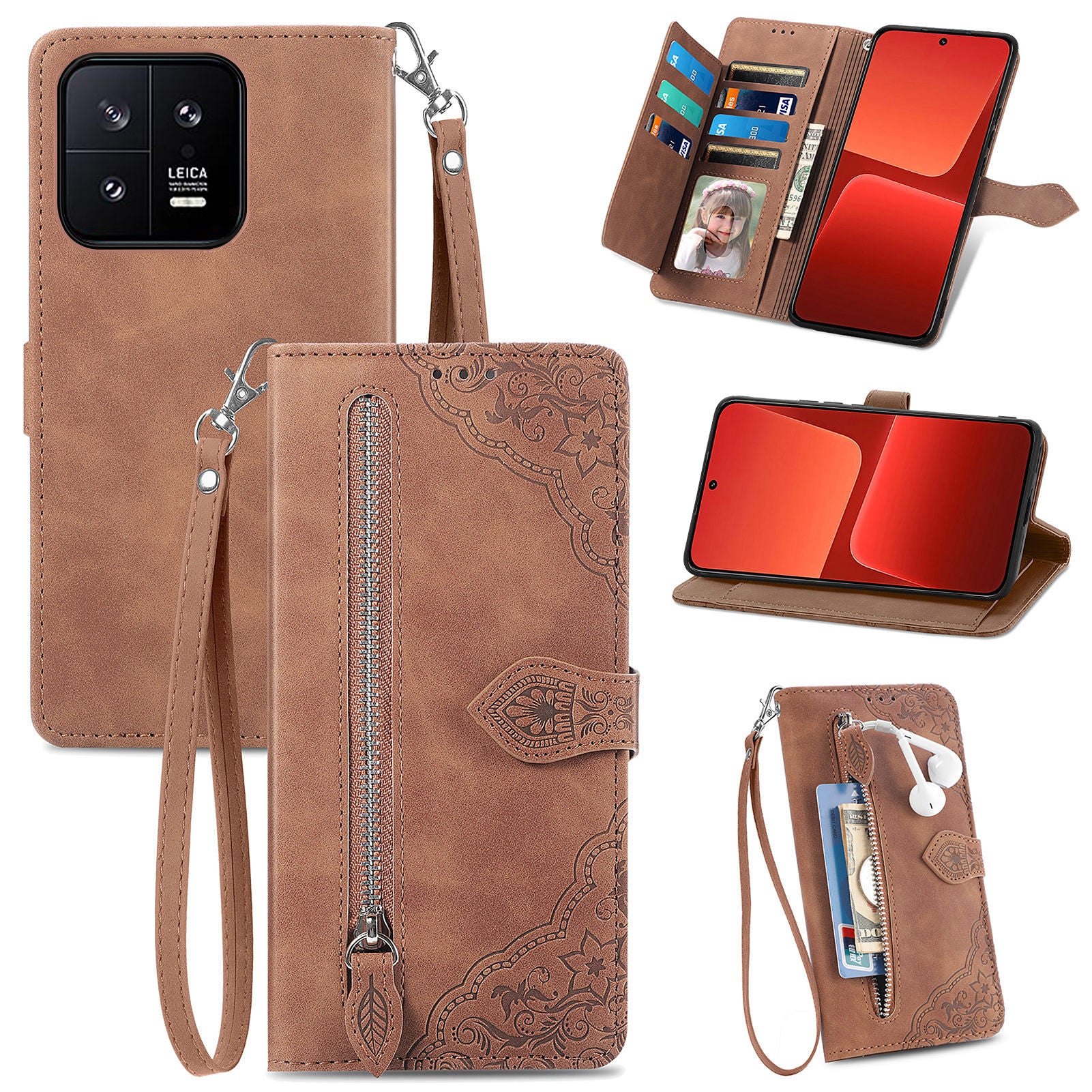 For Xiaomi 13 5G Stand Wallet Protective PU Leather Phone Case Flower Imprinted Pattern Zipper Pocket Cell Phone Cover For Xiaomi 13 5G Stand Wallet Protective PU Leather Phone Case Flower Imprinted Pattern Zipper Pocket Cell Phone Cover
